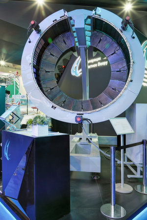 ZHUKOVSKY, MOSCOW REGION, RUSSIA - AUG 27, 2019: Reversible device of perspective turbojet engine...