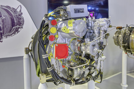 ZHUKOVSKY, MOSCOW REGION, RUSSIA - AUG 26, 2019: AI-450M turboshaft gas turbine engine at the...