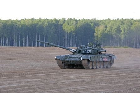 MILITARY GROUND ALABINO, MOSCOW OBLAST, RUSSIA - AUG 21, 2018: The T-90 Russian main battle tank at...