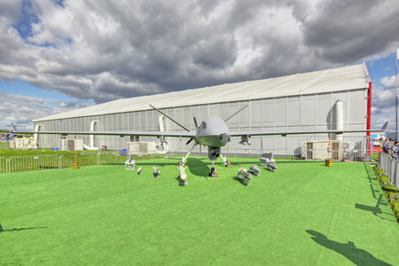 ZHUKOVSKY, MOSCOW REGION, RUSSIA - AUG 27, 2019: Chinese high-altitude strike military UAV Wing...