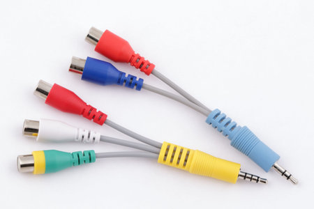 Adapter cables from RCA to Mini-Jack on white background