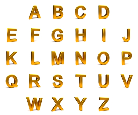 3d gold font with each character in perspective on a white backgroundの写真素材