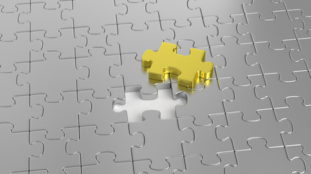 3D rendering of gray puzzle maze missing a golden puzzle piece. Most important puzzle piece. The last piece of the puzzle.の写真素材