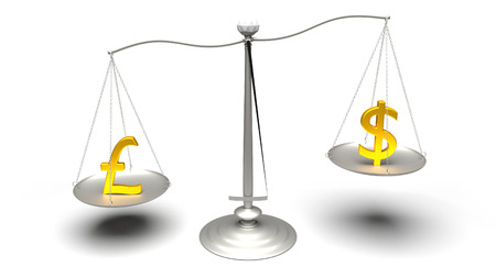 3D rendering. Scales comparing two of the most traded currencies. Full High Definition 4K rendered illustration.の写真素材