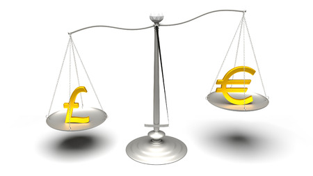 3D rendering. Euro or Pound. Scales comparing two of the most traded currencies. Left versus right. Good choice versus bad choice. Profit or loss. Ultra High Definition 4K rendered illustration.の写真素材