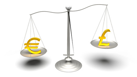 3D rendering. Euro or Pound. Scales comparing two of the most traded currencies. Left versus right. Good choice versus bad choice. Profit or loss. Full High Definition 4K rendered illustration.の写真素材
