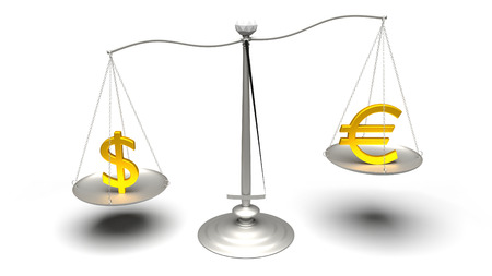 3D rendering. Scales comparing two of the most traded currencies. Full High Definition 4K rendered illustration.の写真素材