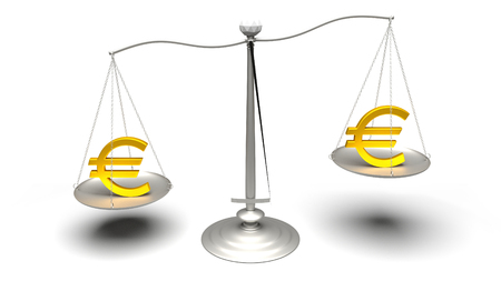 3d rendering. Two uneven Euro symbols on scales. Fake product versus real product. Ultra High Definition rendered illustration.の写真素材