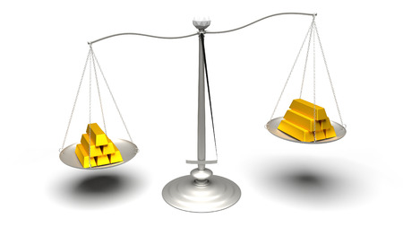 3D rendering. Different carat gold pieces. Multiple gold bars of different weights. Ultra High Definition rendered illustration of scales weighing fake and real gold ingots.の写真素材