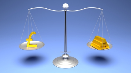 3D rendering. Scales comparing two of the most traded currencies on a blue gradient background. Full High Definition 4K rendered illustration.の写真素材
