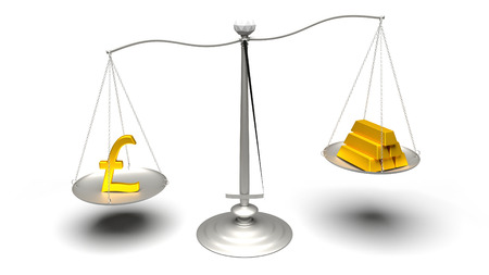 3D rendering. Pound or Gold. Scales weighing two of the most traded currencies. Left versus right. Good choice versus bad choice. Profit or loss. Ultra High Definition 4K rendered illustration.の写真素材