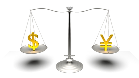 3D rendering. Scales comparing two of the most traded currencies. Full High Definition 4K rendered illustration.の写真素材