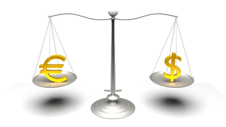 3D rendering. Scales comparing two of the most traded currencies. Full High Definition 4K rendered illustration.の写真素材