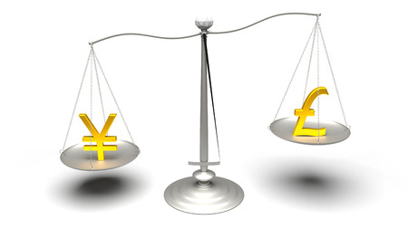 3D rendering. Pound or Yen. Scales comparing two of the most traded currencies. Left versus right. Good choice versus bad choice. Profit or loss. Ultra High Definition 4K rendered illustration.の写真素材