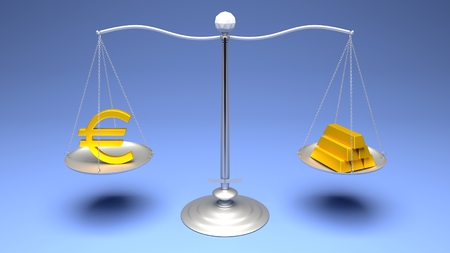 3D rendering. Scales comparing two of the most traded currencies on a blue gradient background. Full High Definition 4K rendered illustration.の写真素材