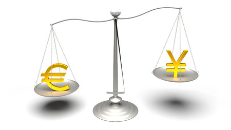 3D rendering. Euro or Yen. Scales measuring two of the most traded currencies. Left versus right. Good choice versus bad choice. Profit or loss. Ultra High Definition 4K rendered illustration.の写真素材
