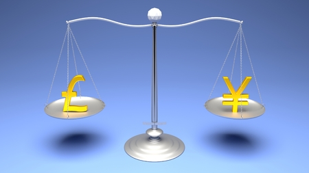3D rendering. Scales comparing two of the most traded currencies on a blue gradient background. Full High Definition 4K rendered illustration.の写真素材