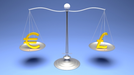 3D rendering. Scales comparing two of the most traded currencies on a blue gradient background. Full High Definition 4K rendered illustration.の写真素材