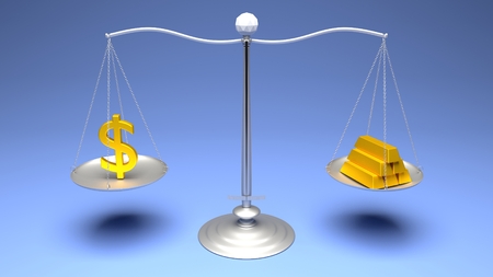 3D rendering. Scales comparing two of the most traded currencies on a blue gradient background. Full High Definition 4K rendered illustration.の写真素材