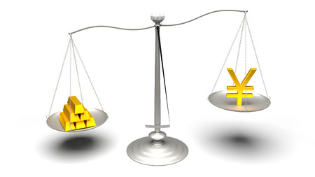 3D rendering. Yen or Gold. Scales measuring two of the most traded currencies. Left versus right. Good choice versus bad choice. Profit or loss. Ultra High Definition 4K rendered illustration.の写真素材