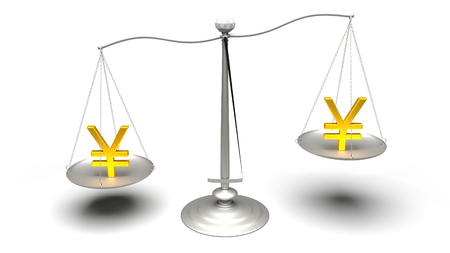 3D rendering. Two uneven Yen symbols on scales. Fake versus real Yen. Ultra High Definition rendered illustration.の写真素材