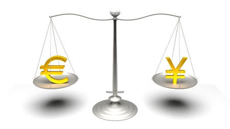 3D rendering. Scales comparing two of the most traded currencies. Full High Definition 4K rendered illustration.の写真素材
