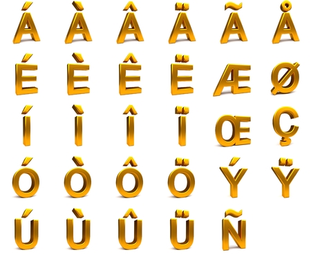 3D rendering. 3d gold font with each character in perspective on a white backgroundの写真素材