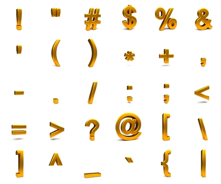 3D rendering. 3d gold font with each character in perspective on a white backgroundの写真素材