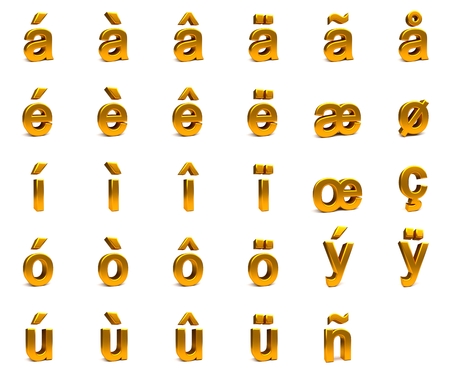 3D rendering. 3d gold font with each character in perspective on a white backgroundの写真素材