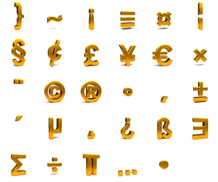 3D rendering. 3d gold font with each character in perspective on a white backgroundの写真素材