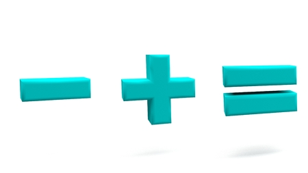 Minus, plus, equal 3D signs, with big fonts isolated on white background. 3D rendering.の写真素材