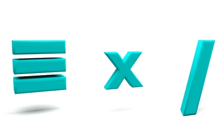 Equivalent, multiply and division 3D signs, with big fonts isolated on white background. 3D rendering.の写真素材