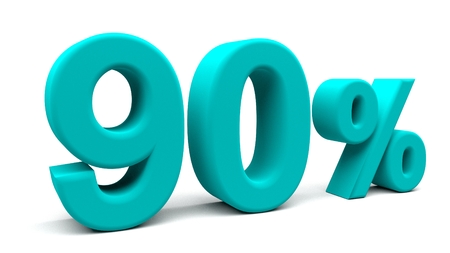 90% off. On sale. Up to 90 percent. Sure thing. Ninety percent. Almost full. 3D rendering. Isolated 3D text with big fonts on white background.の写真素材