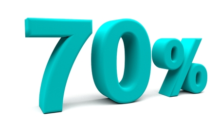 70% off. On sale. Almost three quarters. 3D rendering. Isolated 3D text with big fonts on white background.の写真素材