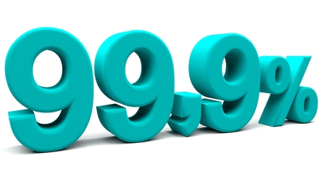 Ninety nine point nine percents 3D text, with big fonts isolated on white background. 3D rendering.の写真素材