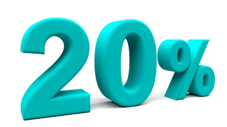 20% off. On sale. Products on sale. One fifth. 3D rendering. Isolated 3D text with big fonts on white background.の写真素材