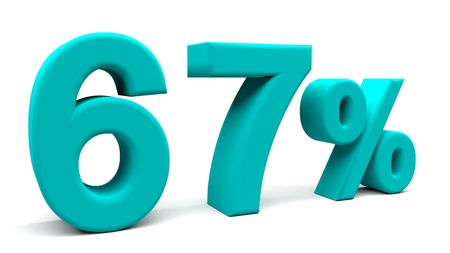 Sixty seven percents 3D text, with big fonts isolated on white background. 3D rendering.の写真素材