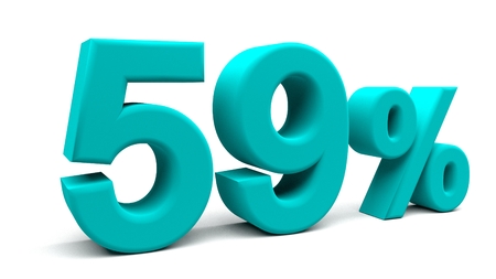 Fifty nine percents 3D text, with big fonts isolated on white background. 3D rendering.の写真素材