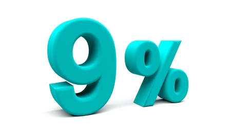 3D rendering of Nine percents text in big letters on a white background.の写真素材