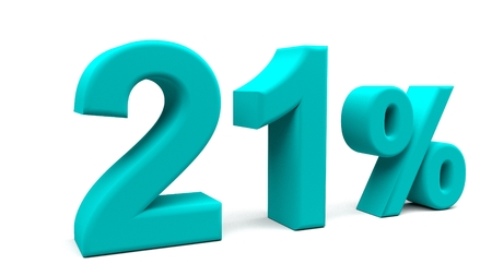 Twenty one percents 3D text, with big fonts isolated on white background. 3D rendering.の写真素材