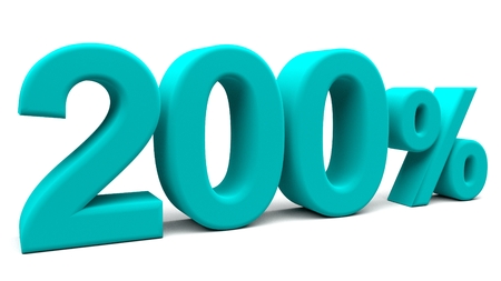 3D rendering of two hundred percents. Isolated 3D text with big fonts on white background representing double the profit.の写真素材