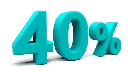 40% off. On sale. Almost half. 3D rendering. Isolated 3D text with big fonts on white background.の写真素材