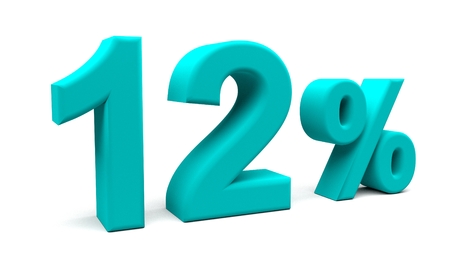 3D rendering of twelve percents text, with big fonts isolated on white background.の写真素材