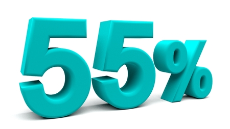 Fifty five percents 3D text, with big fonts isolated on white background. 3D rendering.の写真素材