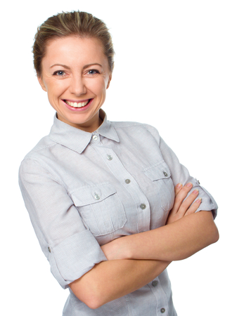 Business woman portrait, crossed arms, isolated on whiteの写真素材