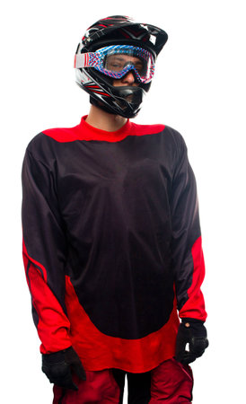 Cyclist man in bicycle uniform isolated on whiteの写真素材