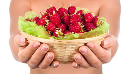 Basket with raspberry in woman hands isolated on whiteの写真素材