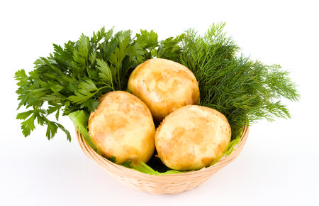Fresh potatoes and green dill and parsley isolated on white backgroundの写真素材