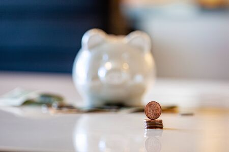 Personal finances, close-up of a piggy bank with american dollars - wealth and financial concept. White piggy bank in the foreground.の写真素材