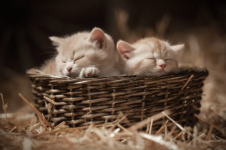 Two kittens sleeping in a basket on hay in the barnの写真素材